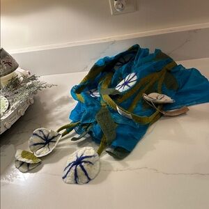 Turquoise Silk Chiffon Scarf with Felted Wool Floral Decor